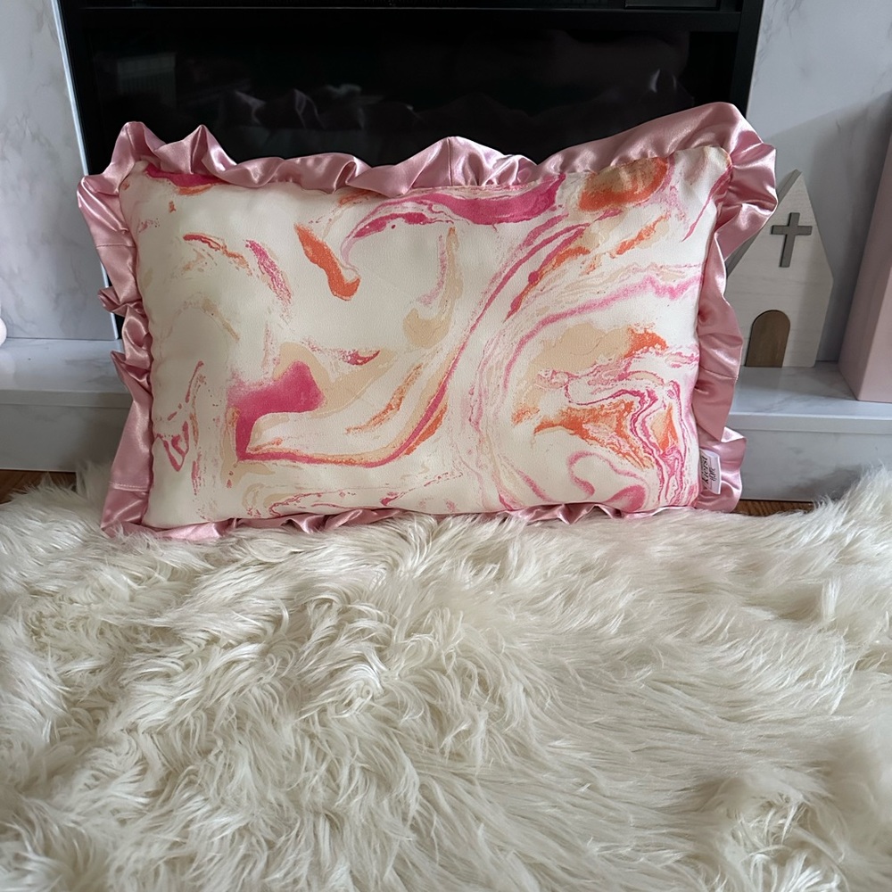 Pink and Orange Marble Throw Pillows with Pink Silk Ruffles